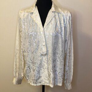 Vintage 1980s Koret Career White Button Up Blouse with Sateen Paisley